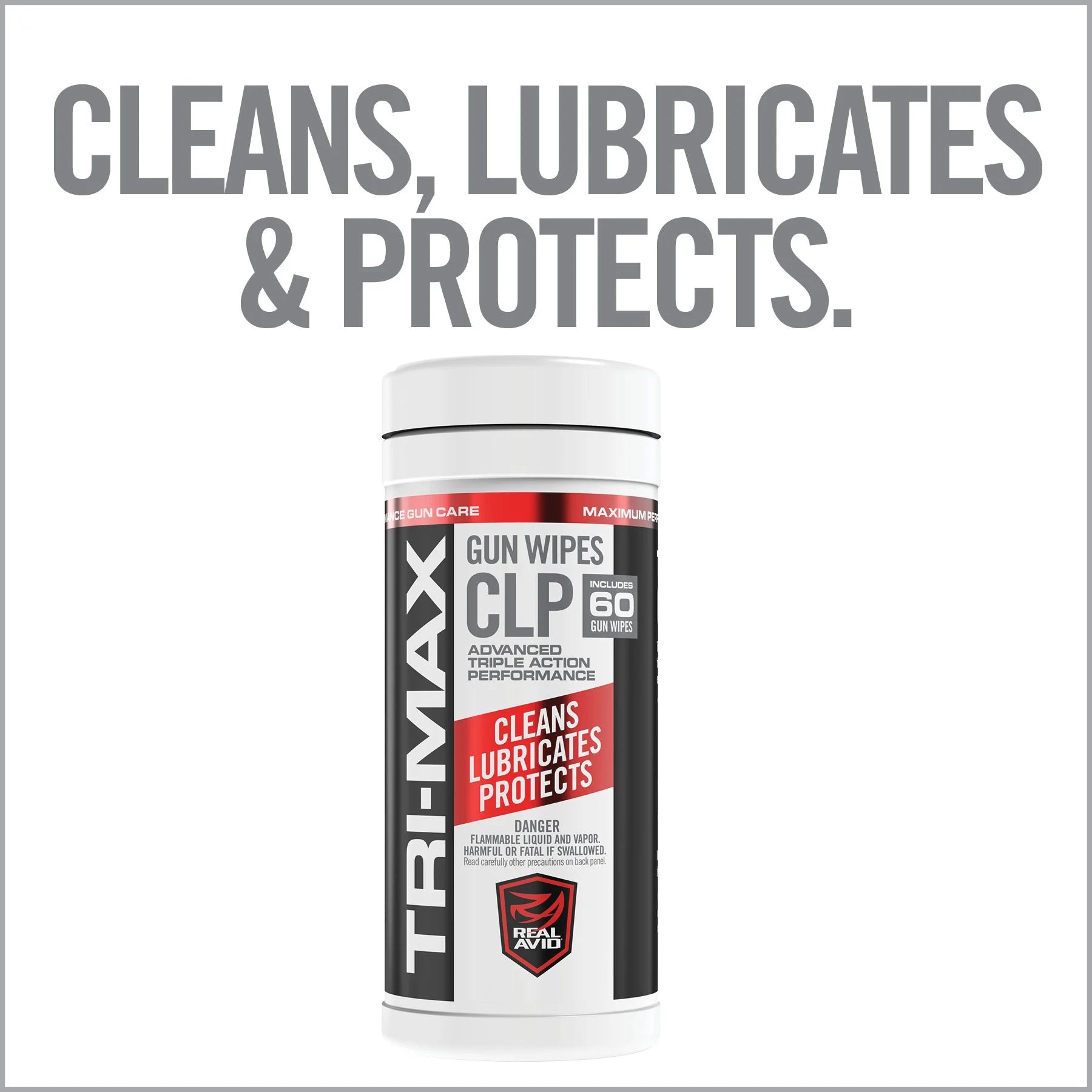 Real Avid TRI-Max CLP Wipes 60-Count Canister — components and contents