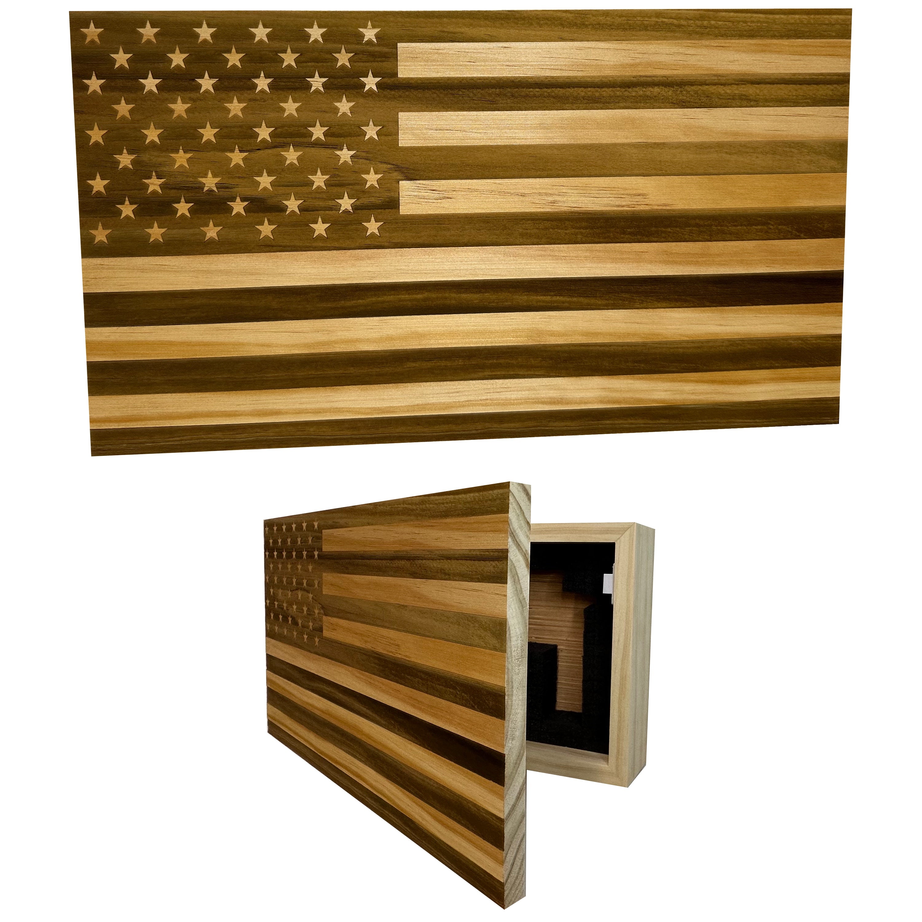 American Flag Concealment Cabinet — Natural Wood Finish