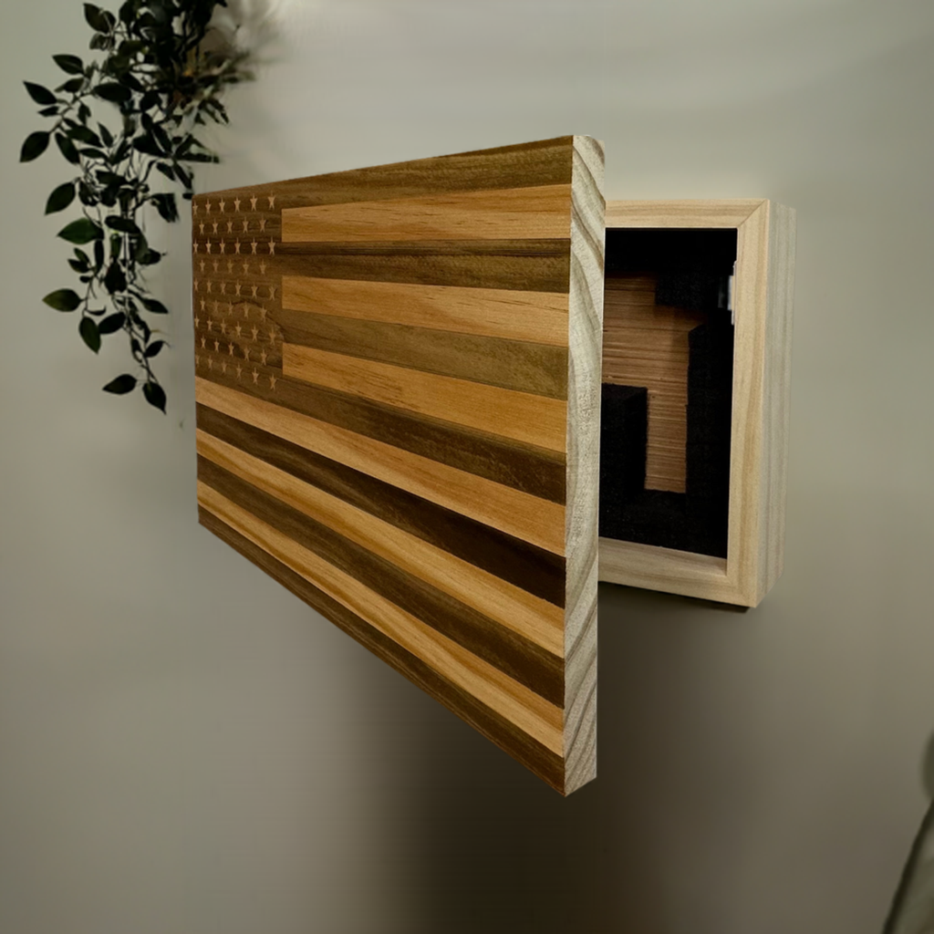 American Flag Concealment Cabinet — Natural Wood Finish