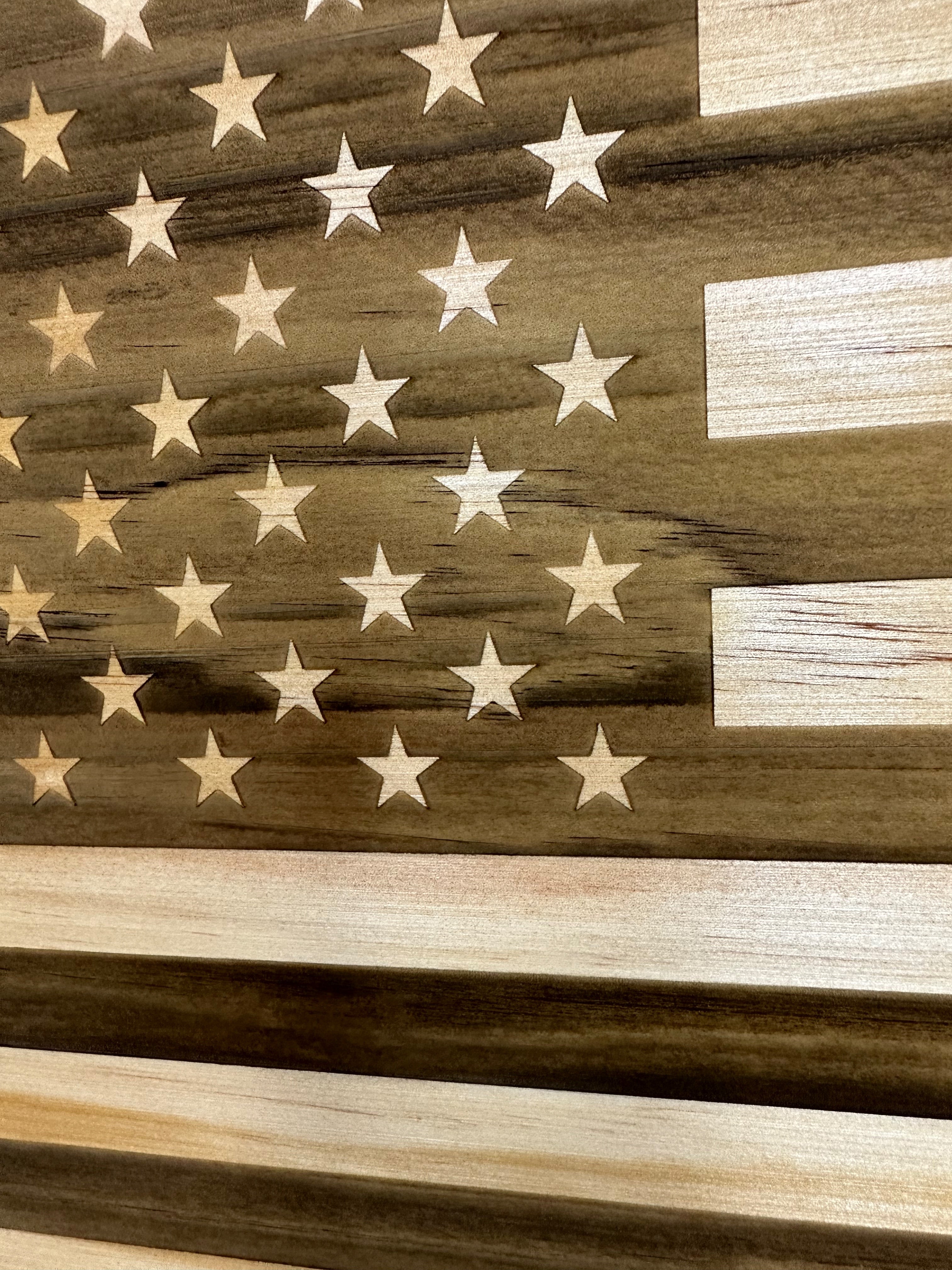 American Flag Concealment Cabinet — Natural Wood Finish