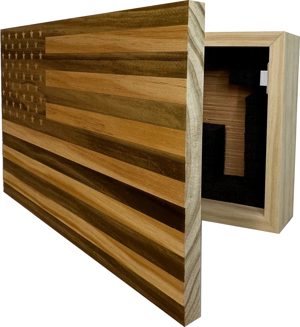 American Flag Concealment Cabinet — Natural Wood Finish