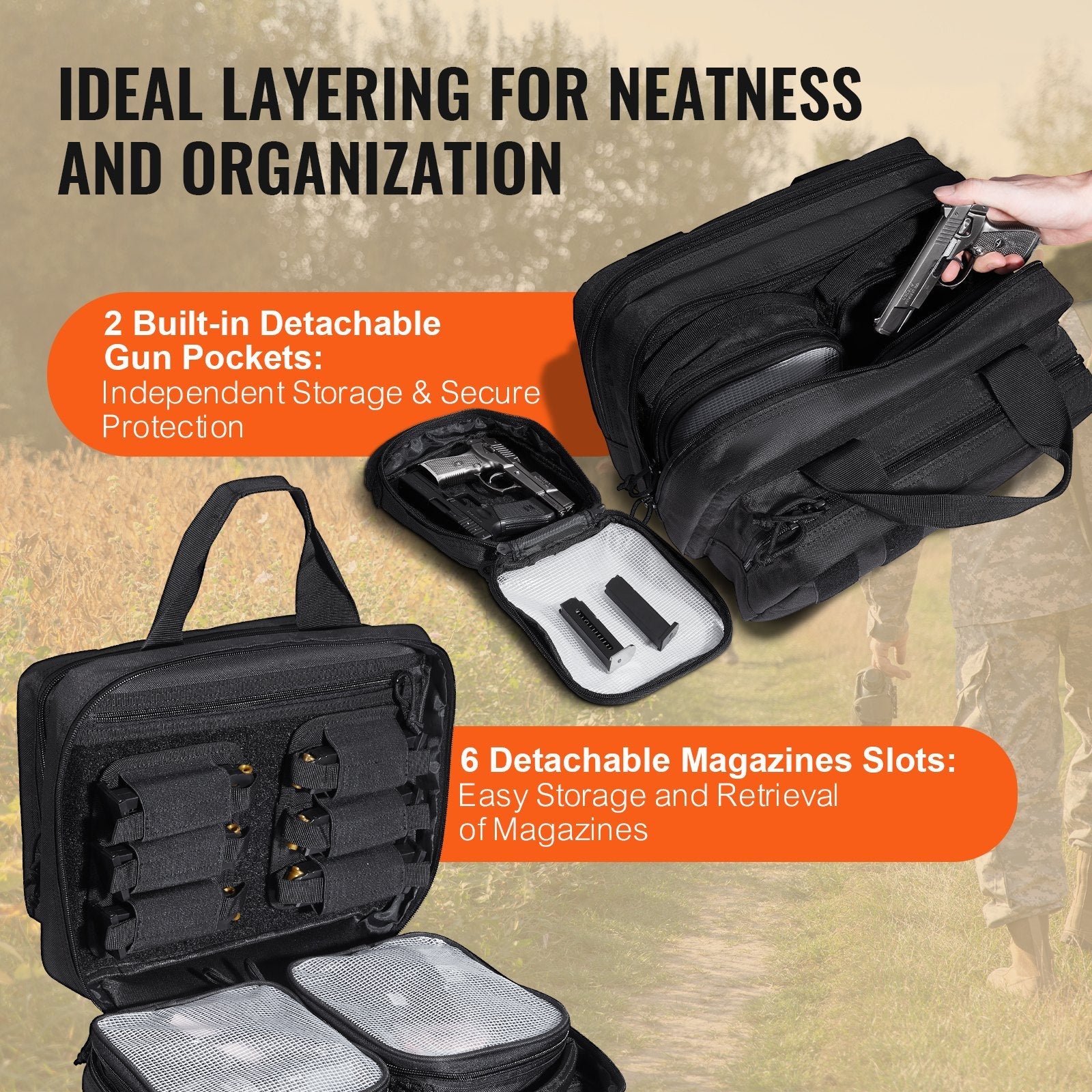 2-Pistol Tactical Range Bag — Removable Pistol Bags & 6 Detachable Magazine Slots