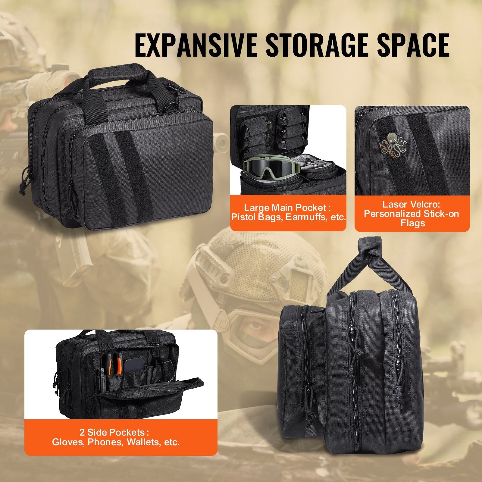 2-Pistol Tactical Range Bag — Removable Pistol Bags & 6 Detachable Magazine Slots