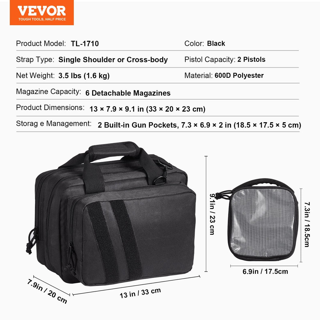 2-Pistol Tactical Range Bag — Removable Pistol Bags & 6 Detachable Magazine Slots